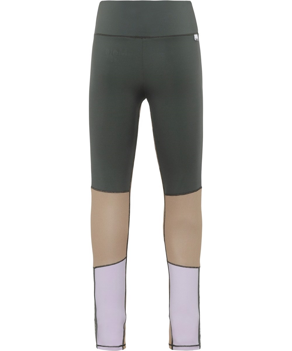 Olympia - Forest Block - leggings i grøn, beige og lyselilla med tekst