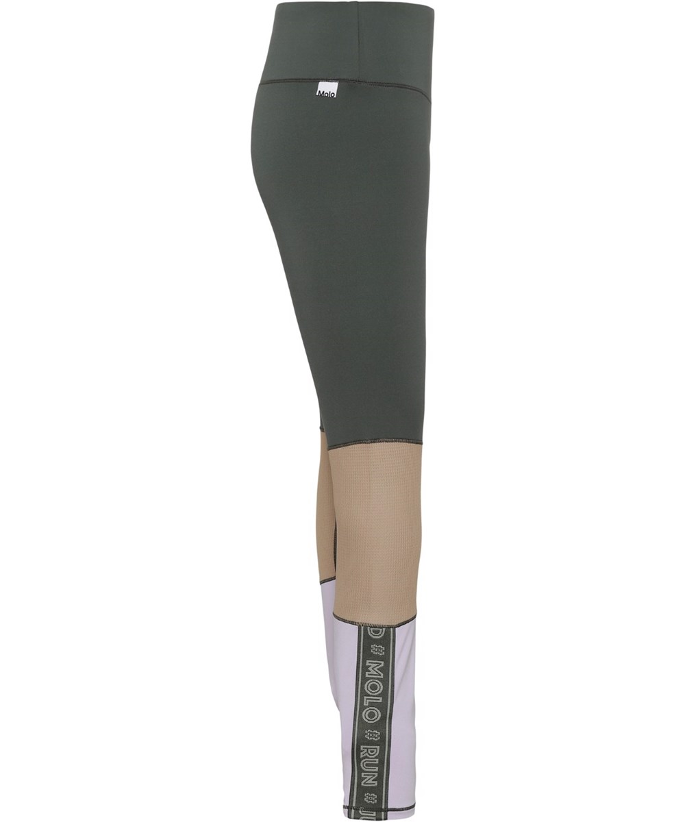 Olympia - Forest Block - leggings i grøn, beige og lyselilla med tekst