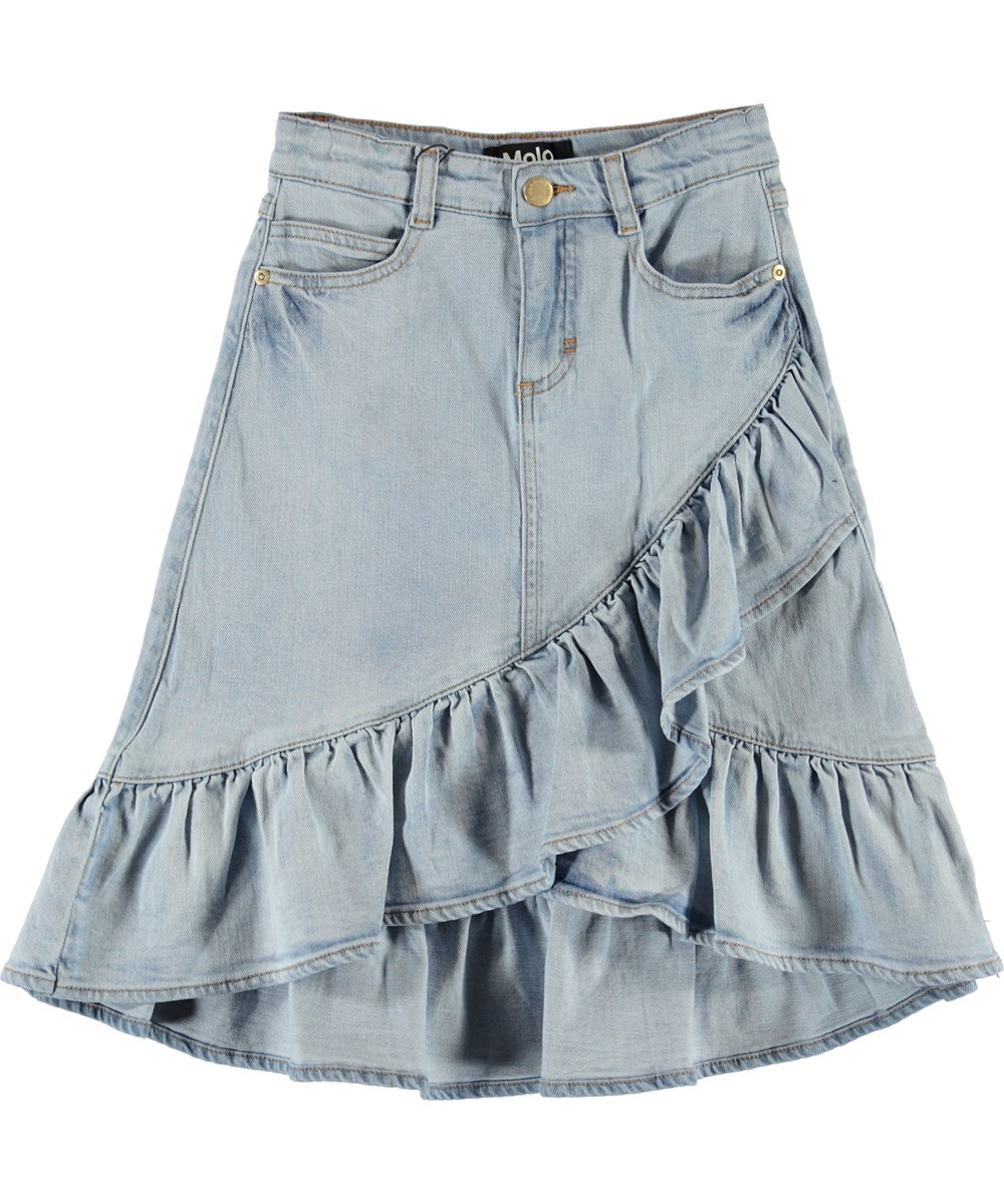 Belinda - Even Pale Wash - Slå-om denim nederdel med flæse