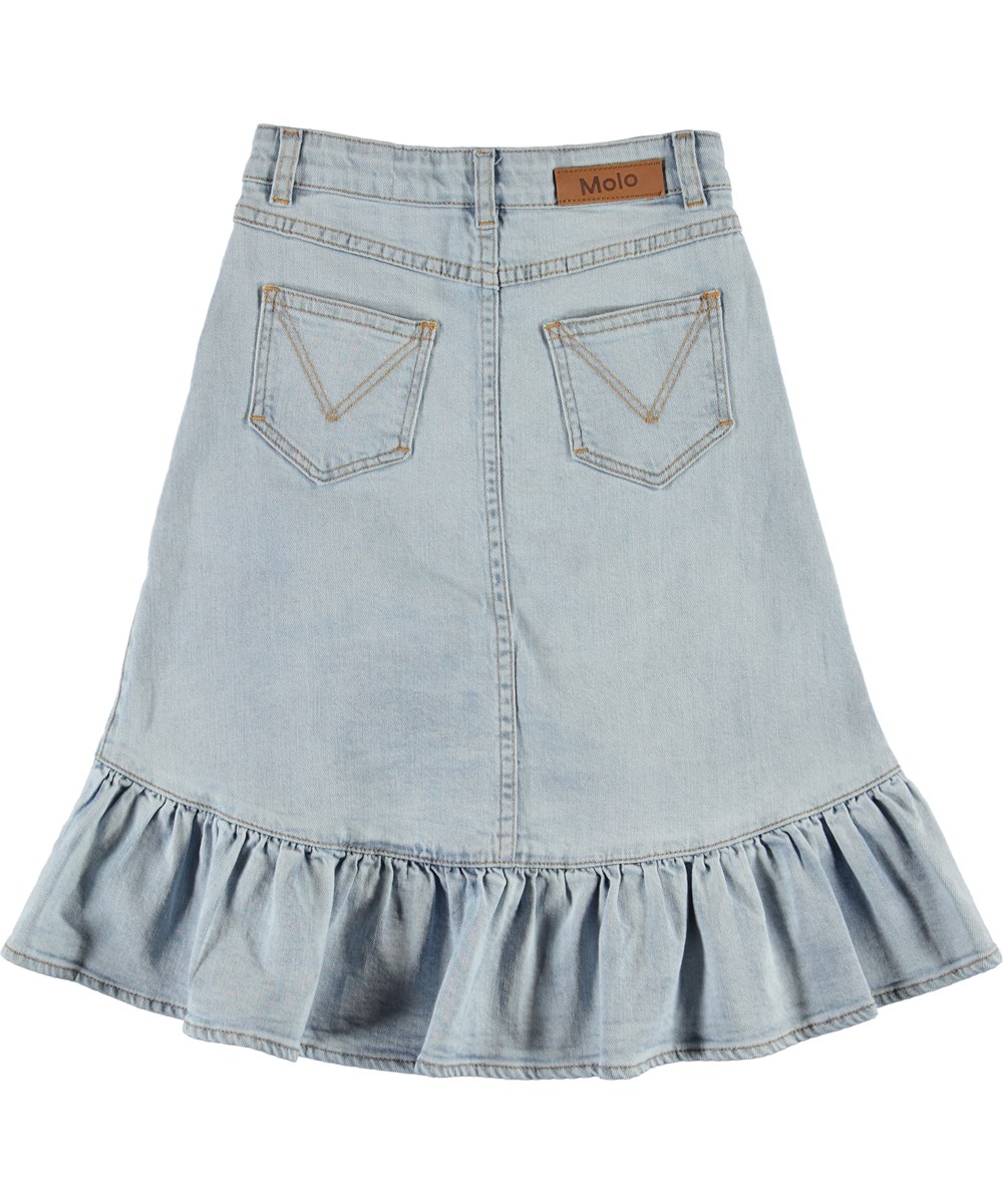Belinda - Even Pale Wash - Slå-om denim nederdel med flæse