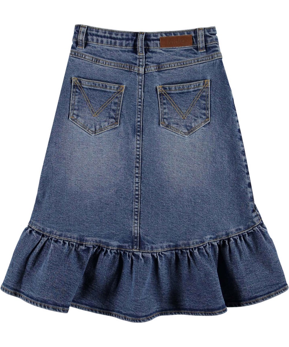 Belinda - Retro Blue Denim - Blå denim nederdel med slå om effekt og flæsekant