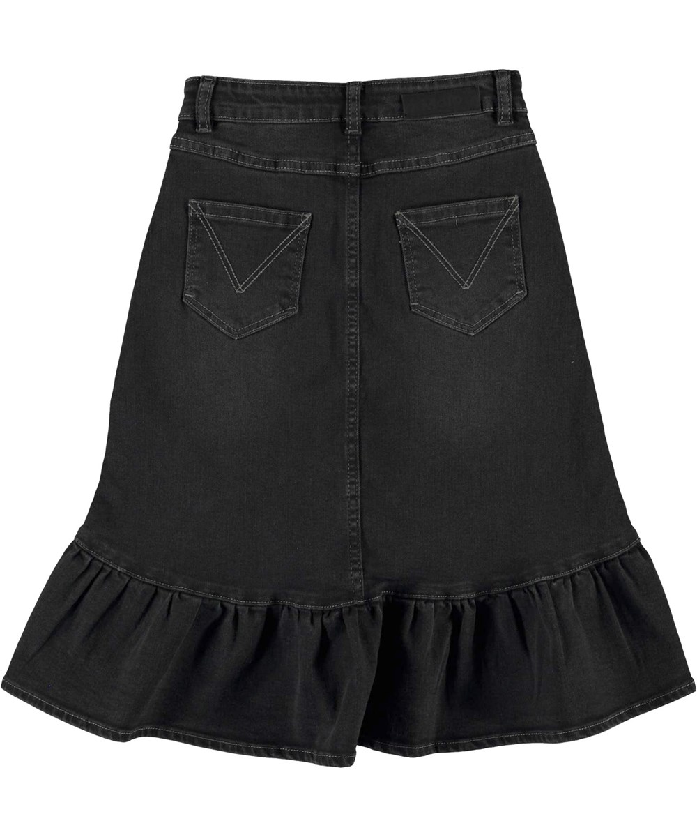 Belinda - Black Denim - Sort denim nederdel med flæse