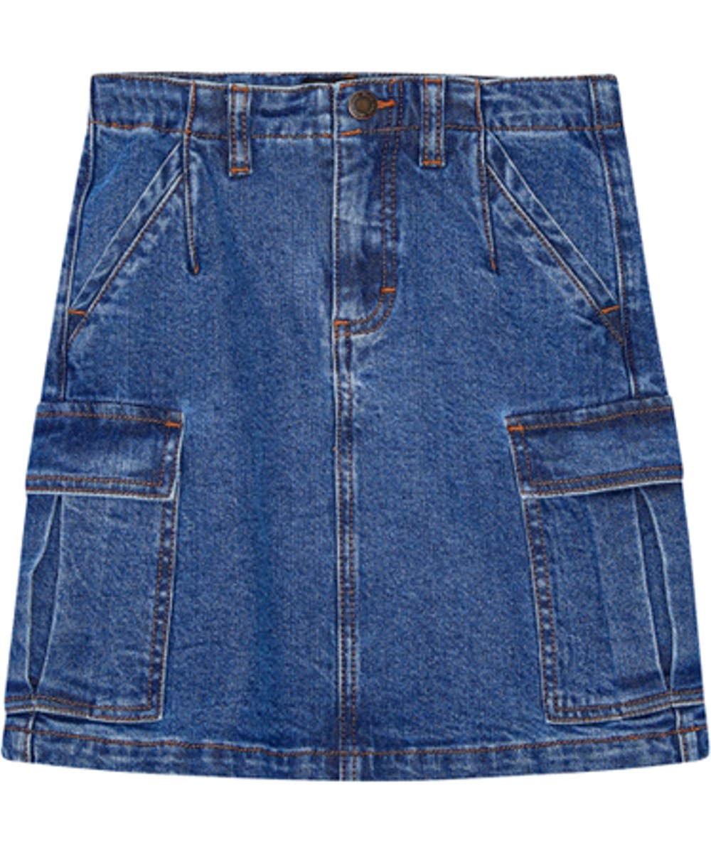 Belli - Washed Vintage - Blå denim nederdel i økologisk bomuld med cargolommer på siden