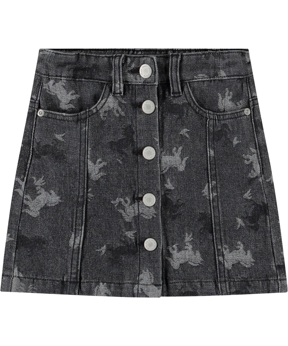 Bera - Giddy-Up Denim - Grå denim nederdel med sølvfarvet knapper og et vævet mønster af heste.