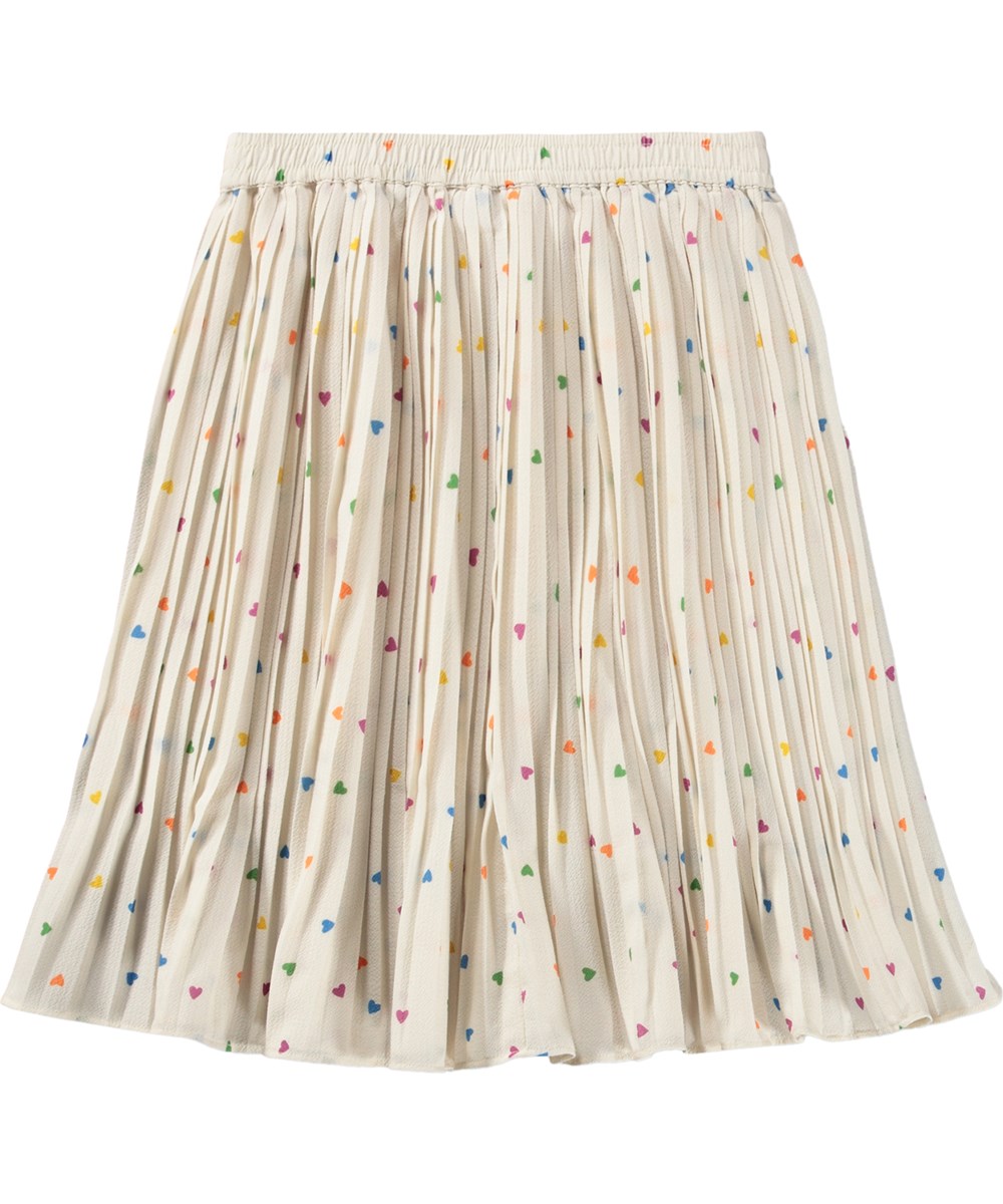 Bess - Confetti_Rainbow - Råhvid plisseret nederdel med hjerte print til børn