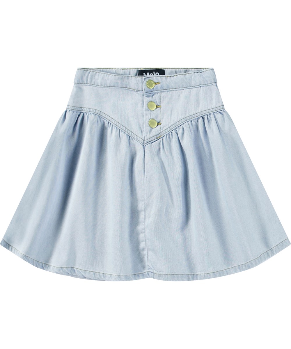 Betsy - Bleached Drapy - Lyseblå denim nederdel med et flot bærestykke og knaplukning til børn. 