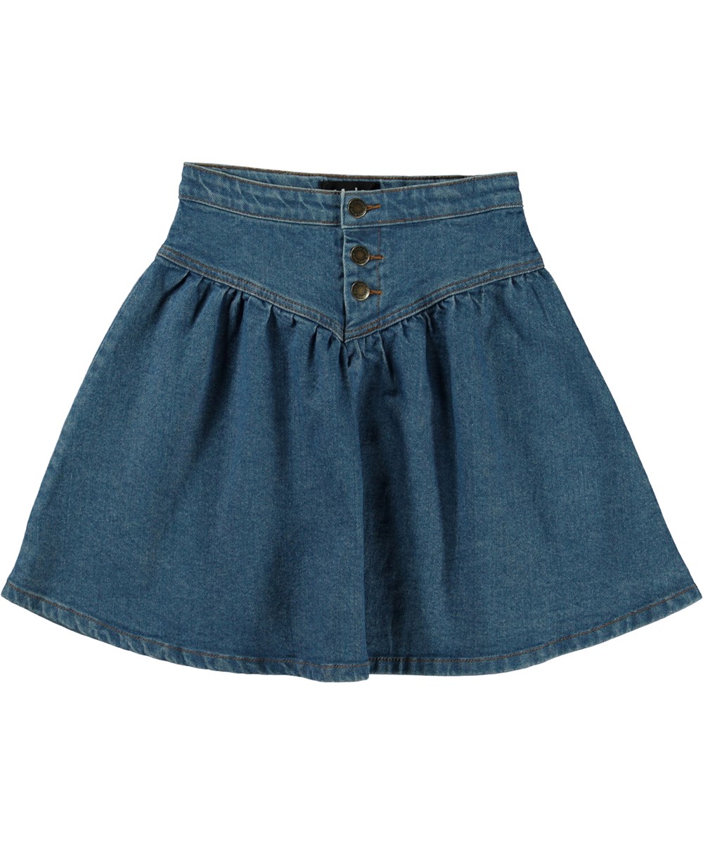 Betsy - Clear Blue - Middelblå denim nederdel med bærestykke