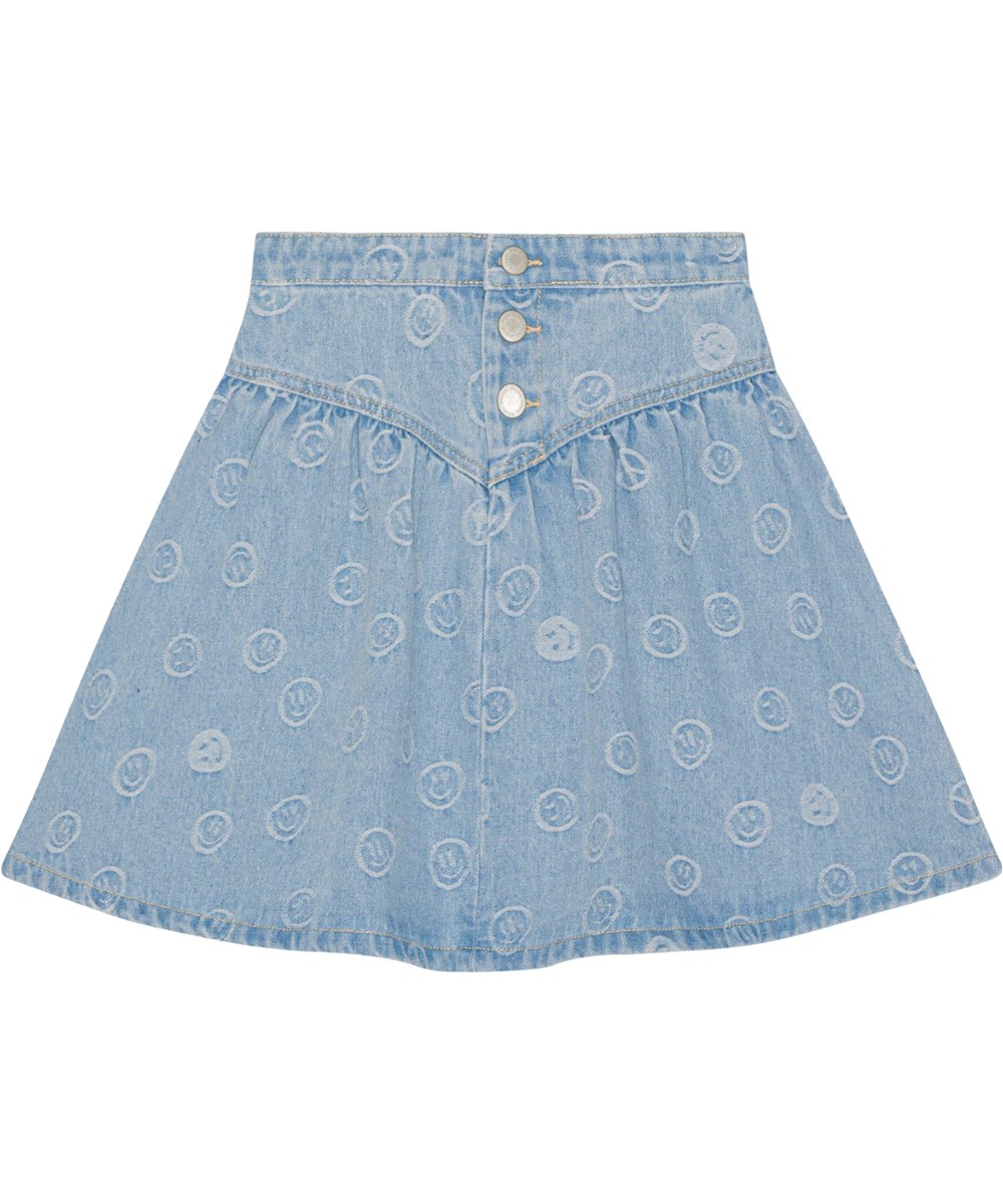 Betsy - Happiness Light - Mellemlang lys denimnederdel med indvævet smileyer