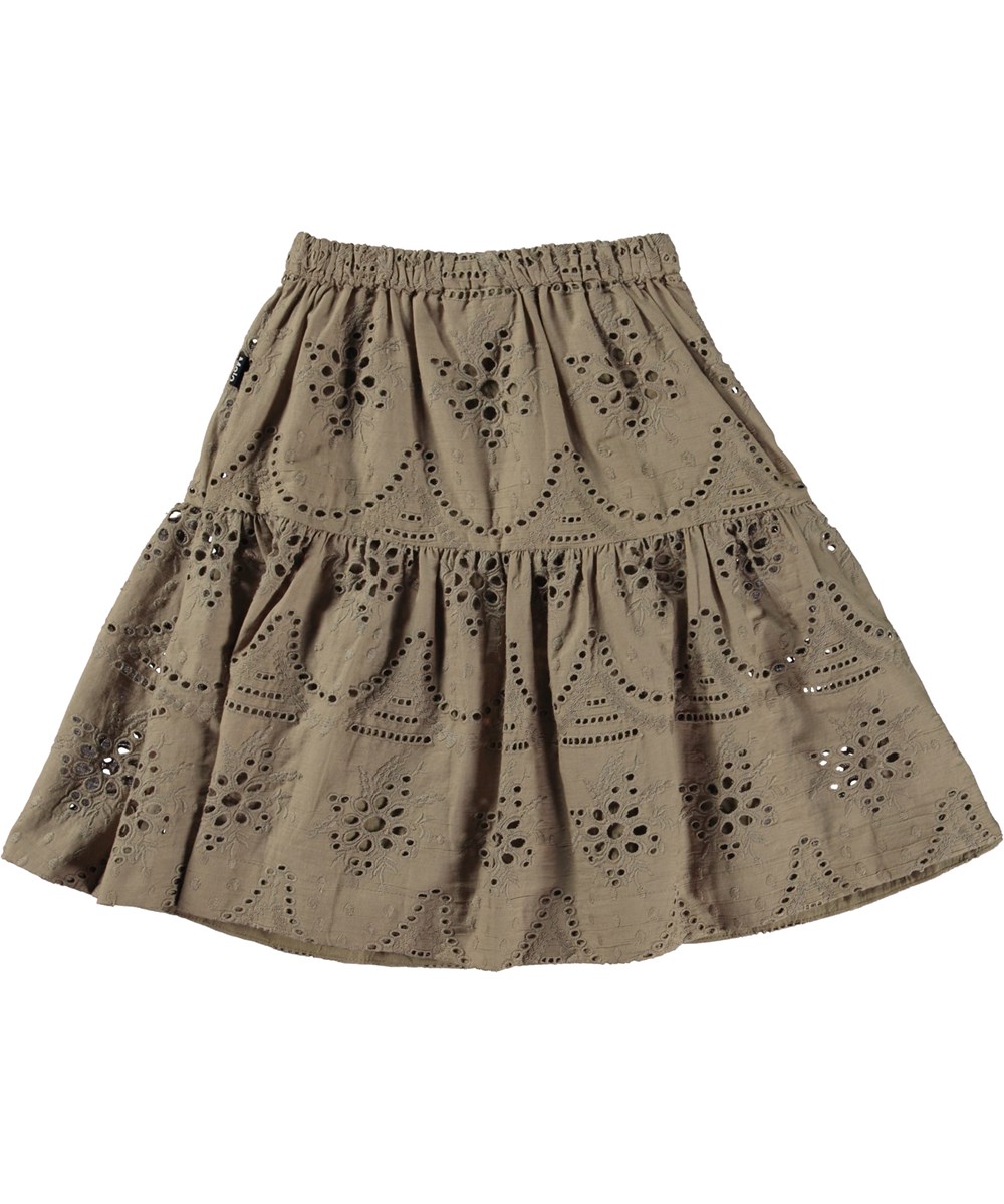 Bianna - Moth Grey - Beige midi nederdel i allover broderie anglaise