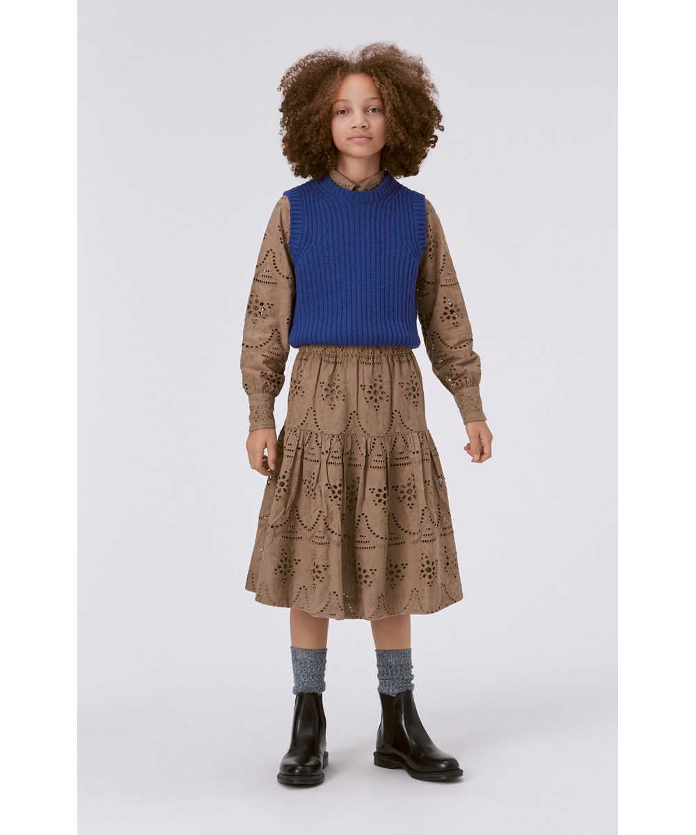 Bianna - Moth Grey - Beige midi nederdel i allover broderie anglaise