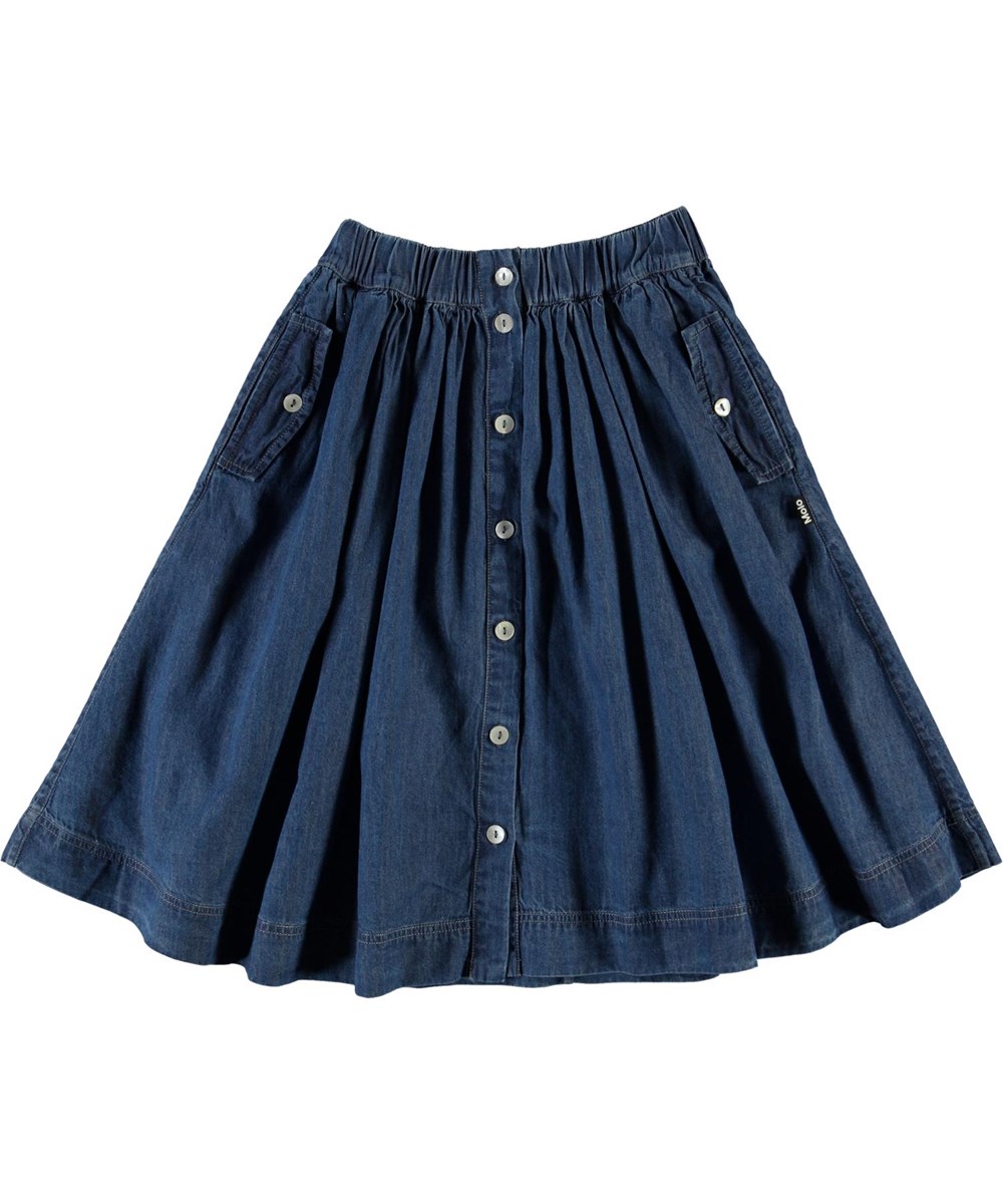 Bolette - Washed Indigo - Blå denim nederdel med knappelukning