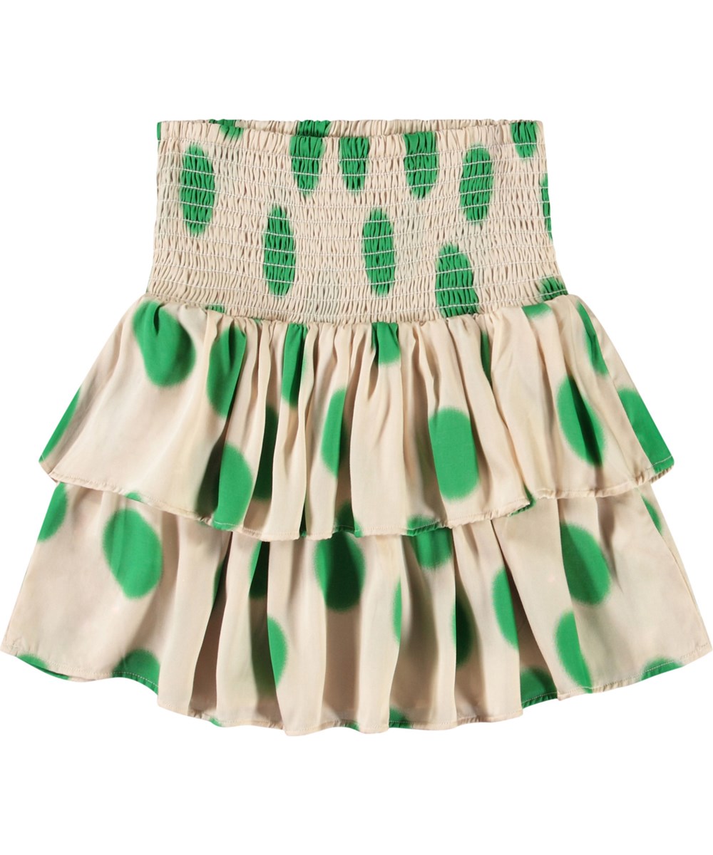 Bonita - Green Dots - Beige knælang nederdel med grønne pletter i økologisk bomuldschambrey i smock til børn.