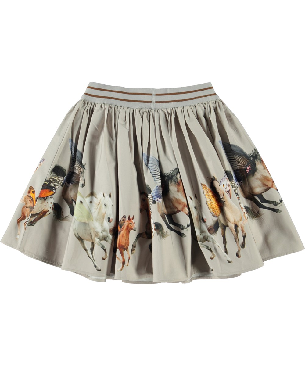 Brenda - Fluttering Horses - Økologisk taupe rund nederdel med heste print