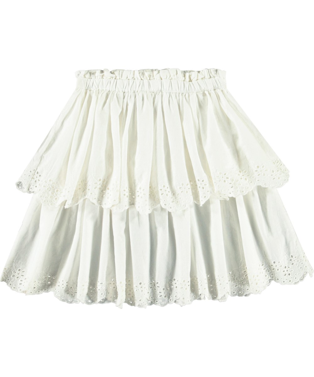 Brianna - Crisp White - Hvid nederdel i økologisk bomuld til børn. Nederdelen er mellemlang og har to skørter i forskellige længder med broderi anglaise langs kanten.