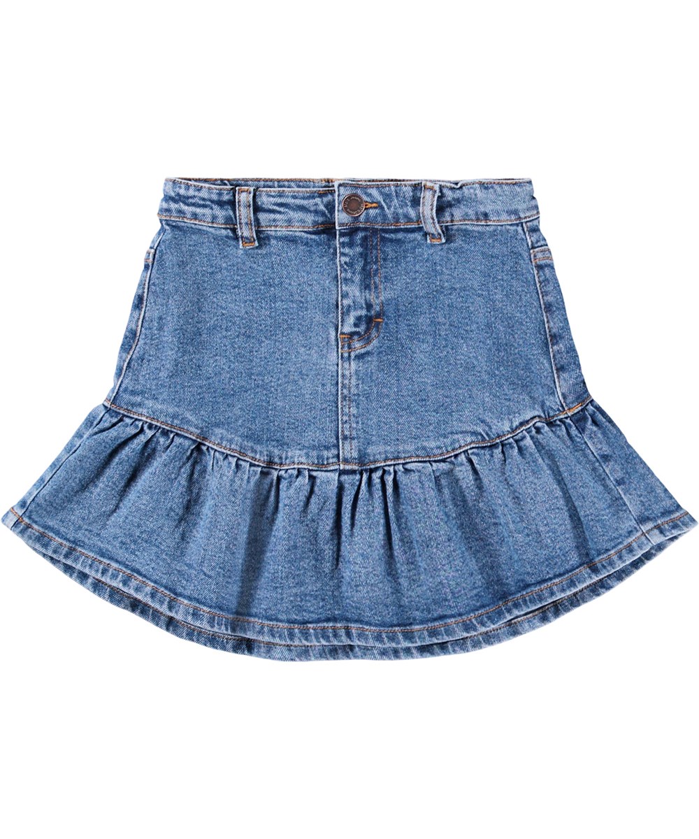 Bridget - Washed Vintage - Blå denim nederdel til børn med et fint flæseskørt forneden.