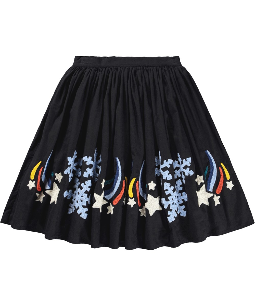 Brunhilda - Shooting Star - Sort knælang nederdel i økologisk bomuld, med broderi til børn. 