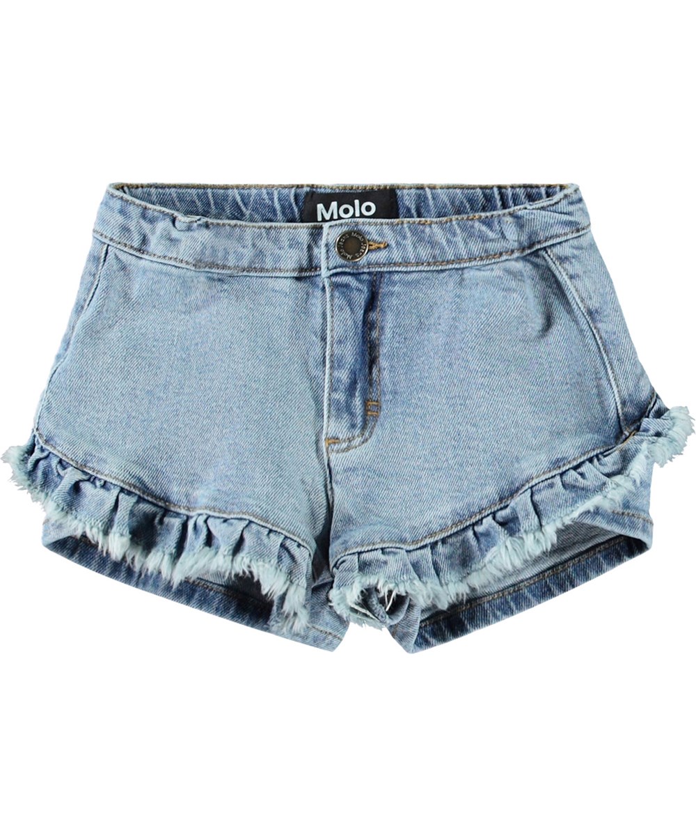 Agnetha - Distressed Washed - Blå denim shorts i økologisk bomuld til børn.