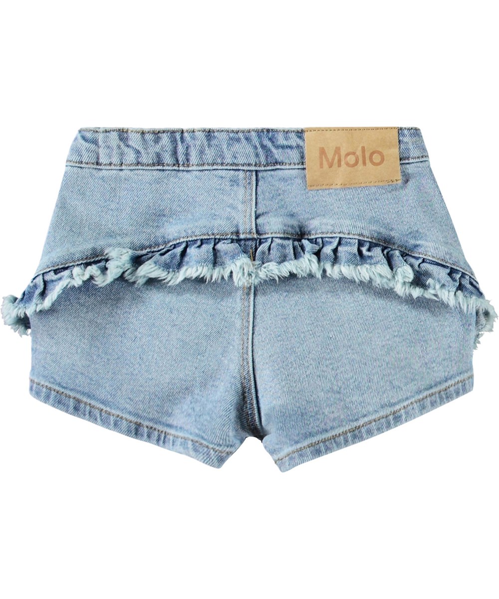 Agnetha - Distressed Washed - Blå denim shorts i økologisk bomuld til børn.