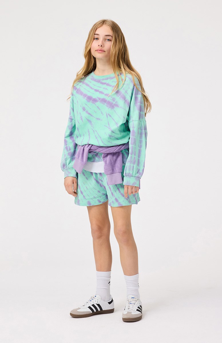 Akima - Ocean Tie Dye - Shorts i økologisk bomuld til børn. Tie-dye i turkis og lilla