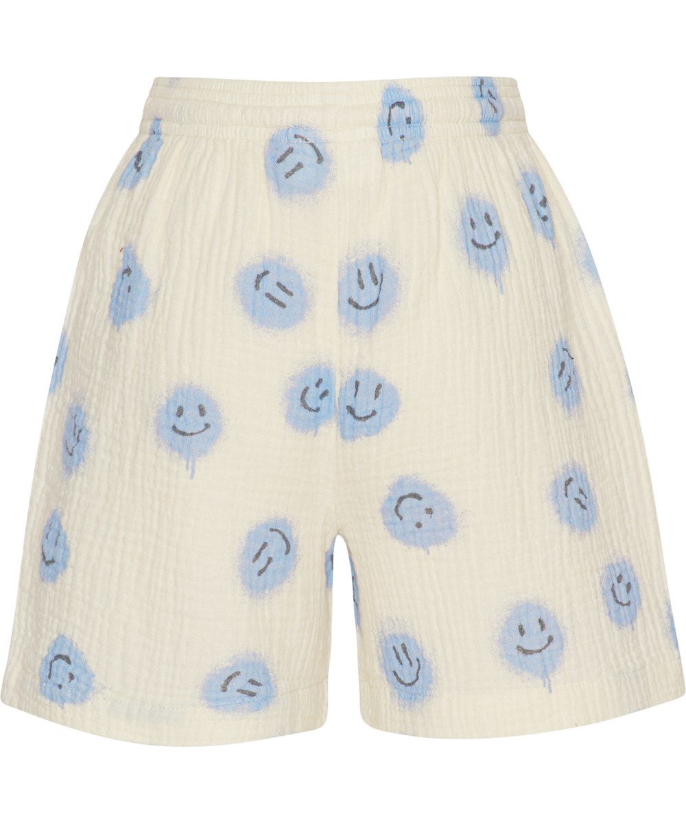 Albertha - Crisp Smiles - Hvide shorts med lyseblå ansigter