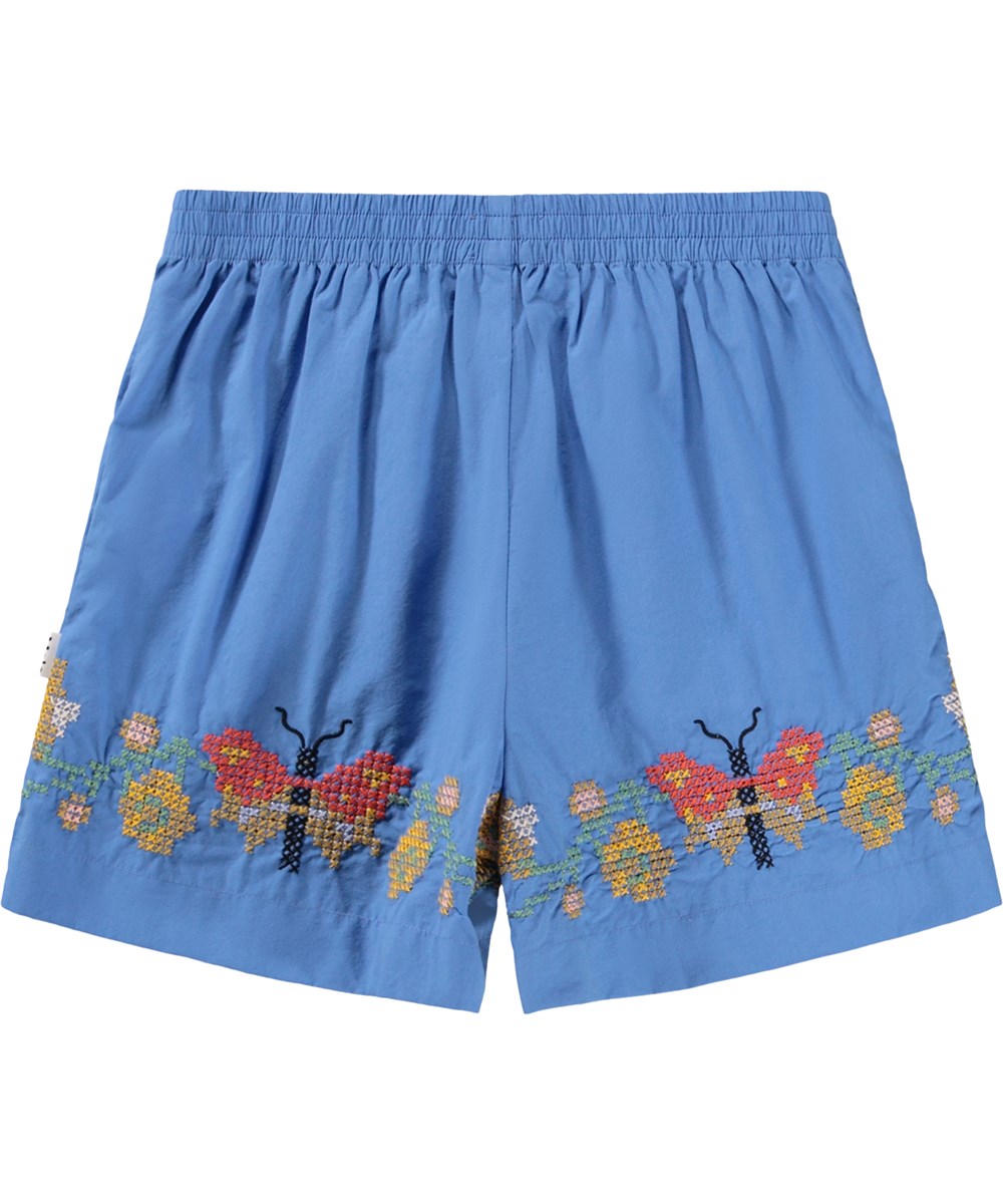 Ally - Blue Flower - Blå shorts i bomuld med broderi til børn