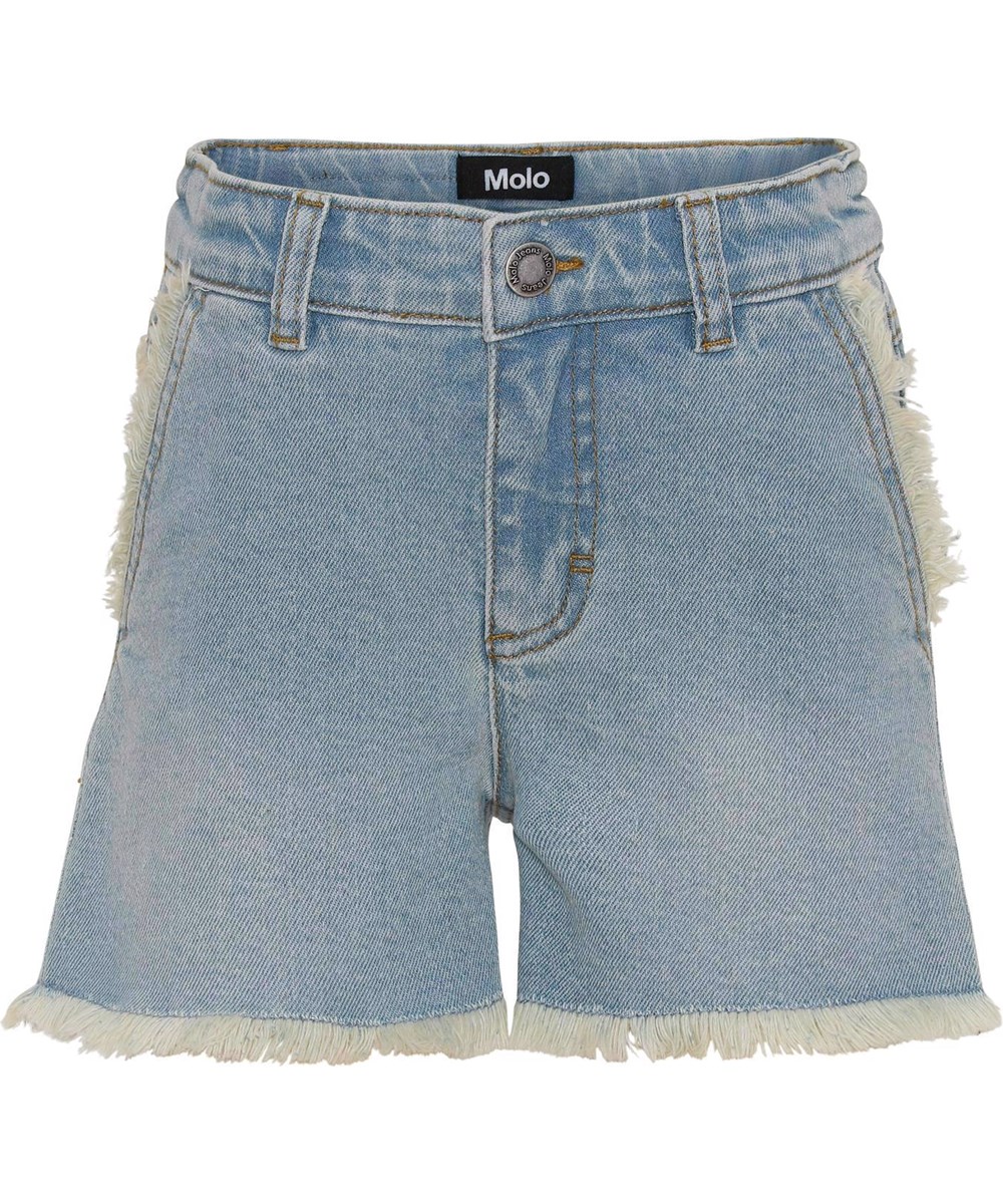 Alvira - Light Tinted Blue - Blå denim shorts med frynse detaljer