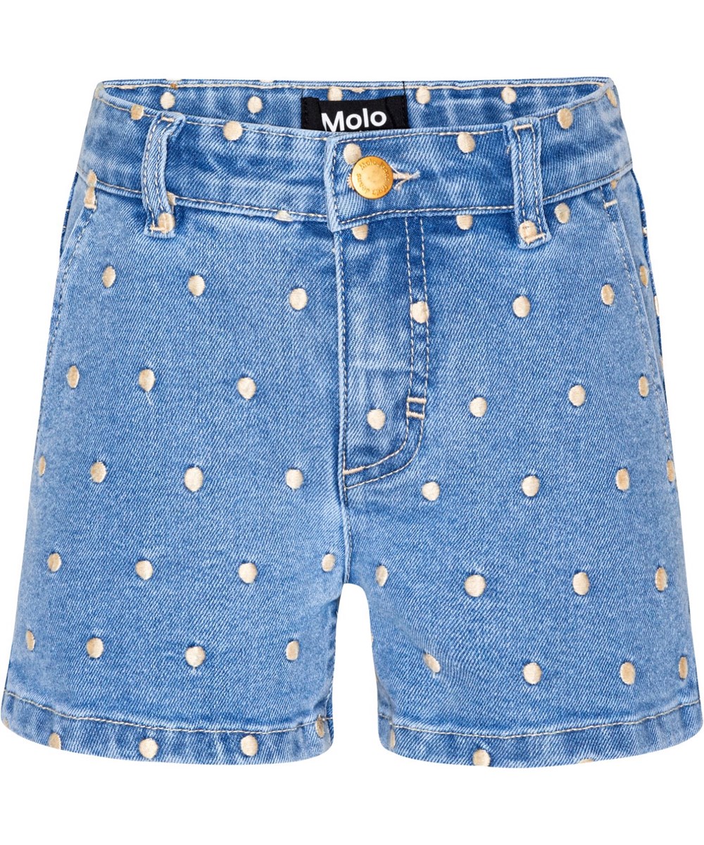 Alvira - Rose Dot - Blå denim short med broderet råhvide prikker