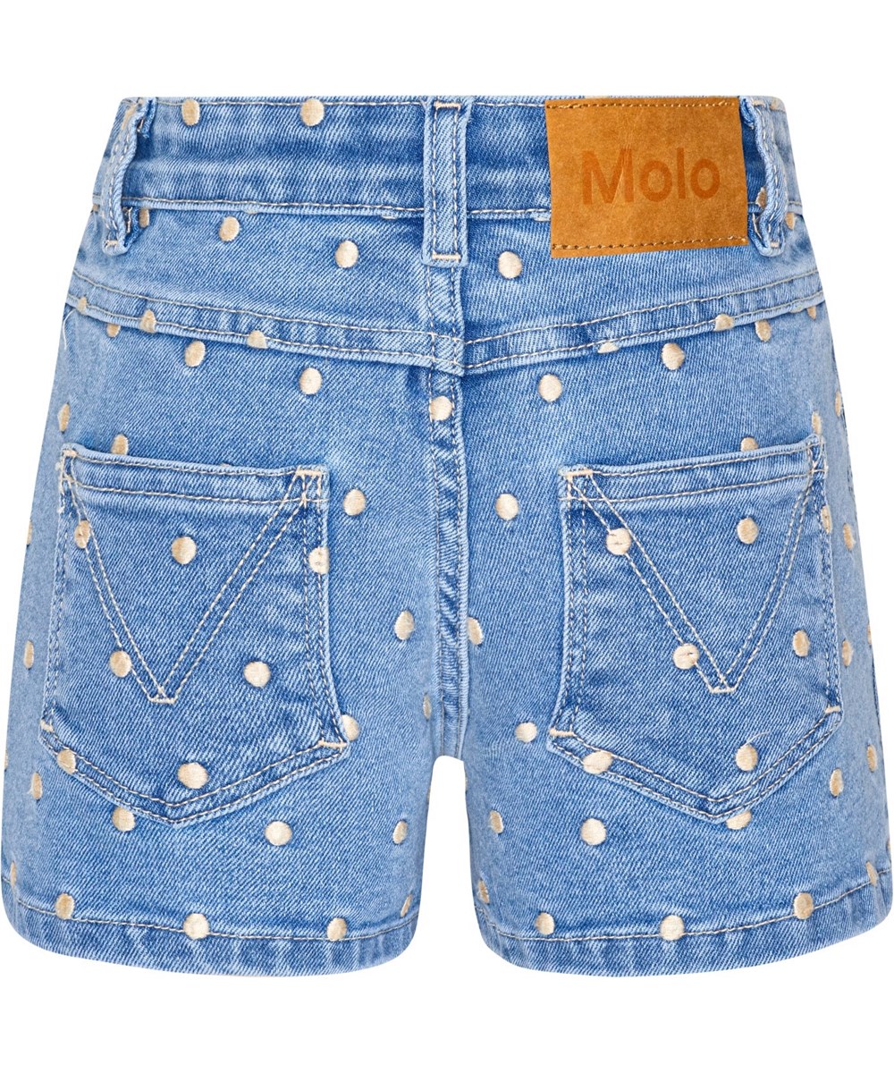 Alvira - Rose Dot - Blå denim short med broderet råhvide prikker
