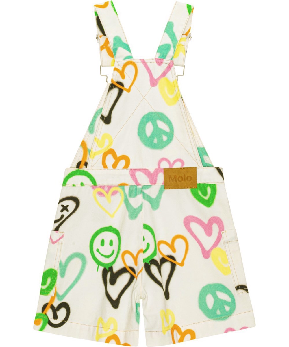 Amba - Heart Colours - Hvide denim smækbukser med graffitiprint med multifarvet hjerter