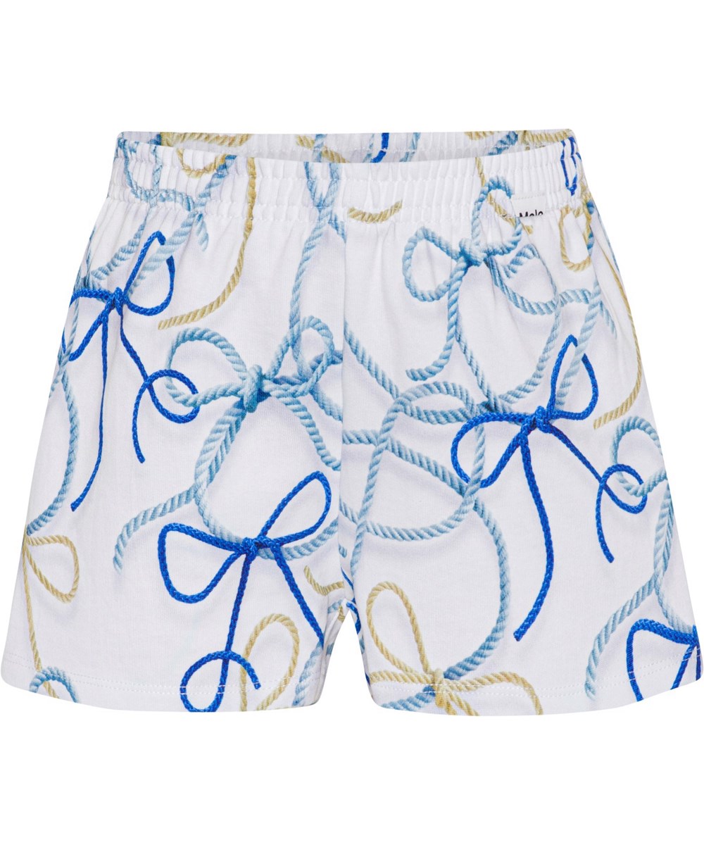 Angelina - Nautical Bow - Hvide shorts i økologisk bomuld med print af skibsreb