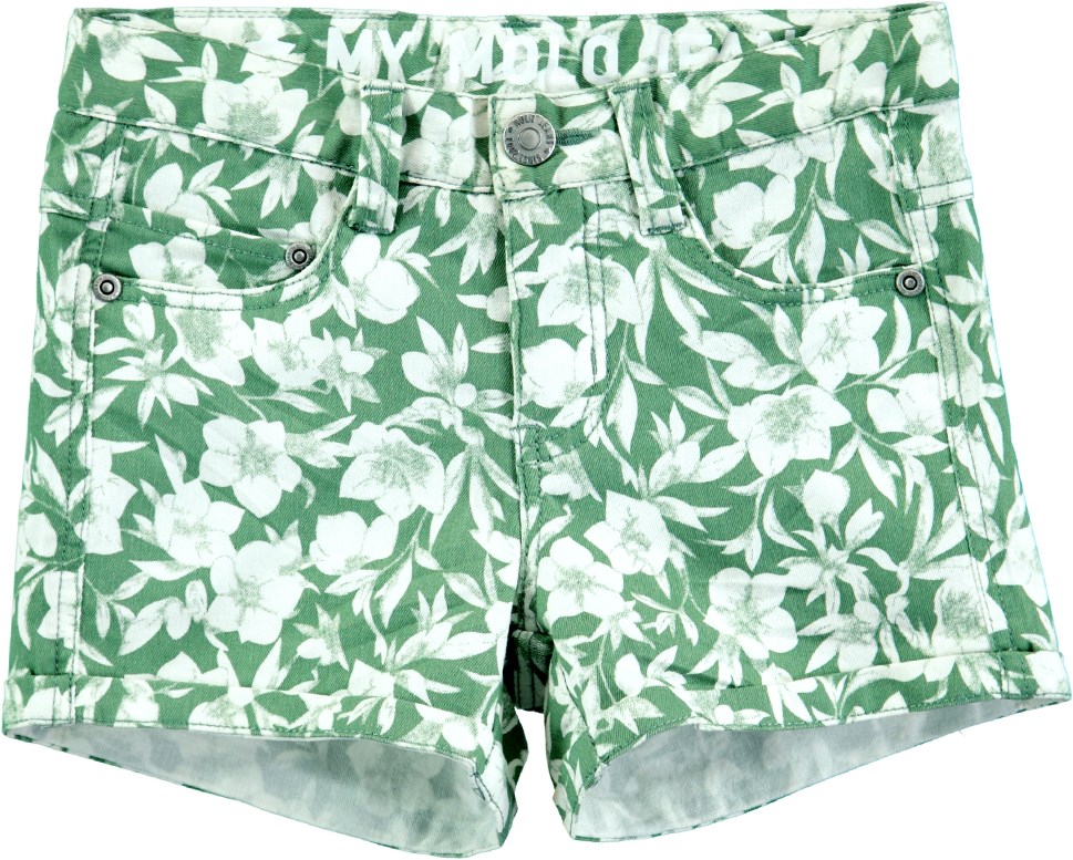 Audrey - Green Flowers - Korte, grønne denim shorts med blomsterprint