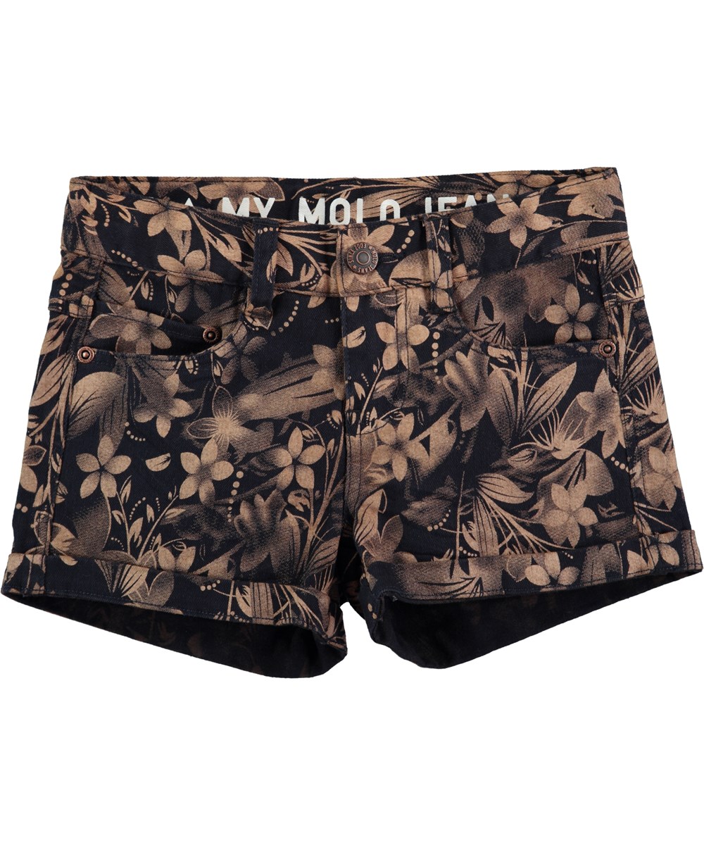 Audrey - Indigo - Korte, mørkeblå denim shorts med blomsterprint