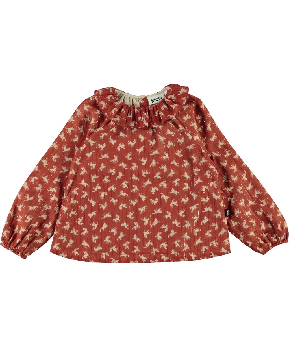 Rayanne - Mini Horse Woven - Brun skjortebluse med heste og glimmer
