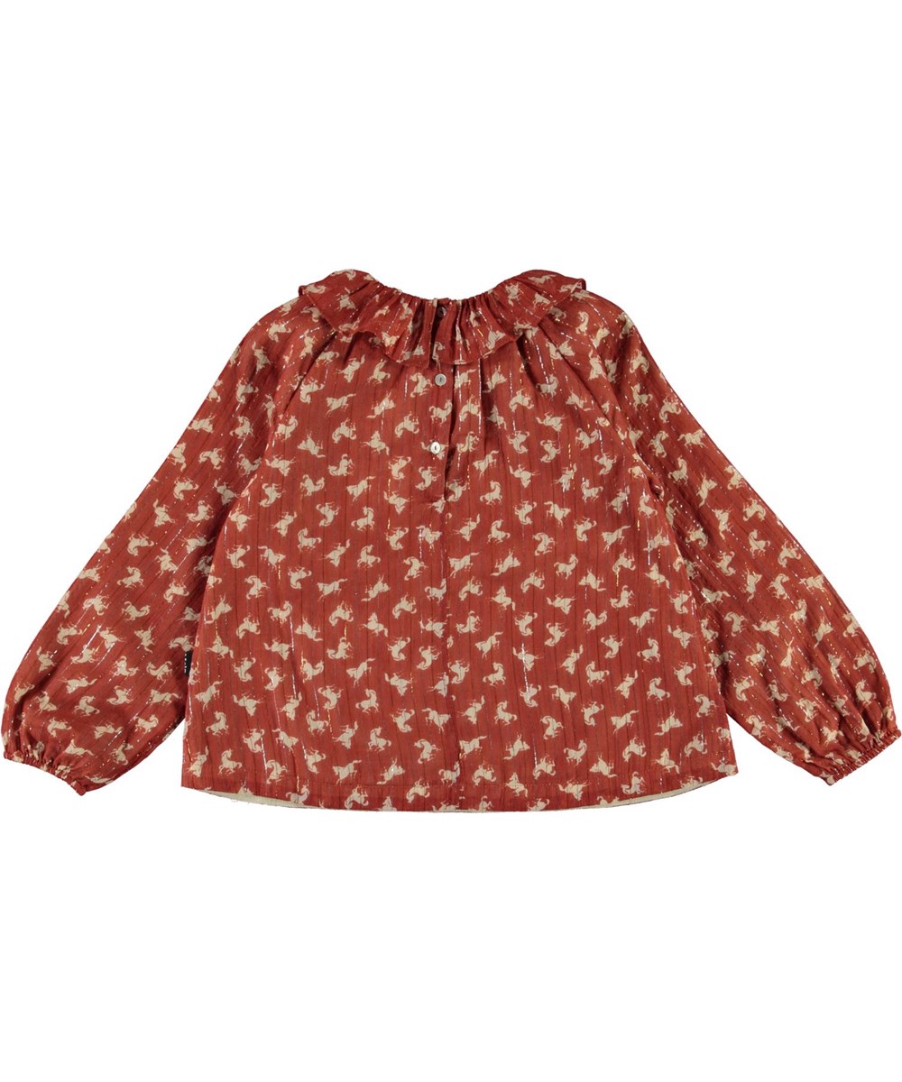 Rayanne - Mini Horse Woven - Brun skjortebluse med heste og glimmer