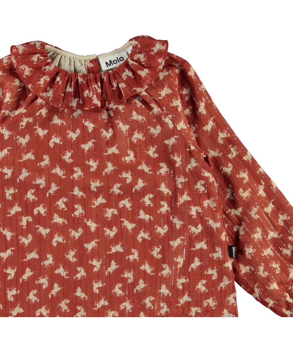 Rayanne - Mini Horse Woven - Brun skjortebluse med heste og glimmer