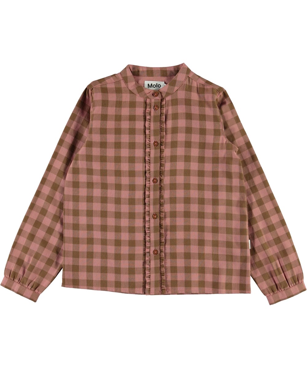 Reanna - Autumn Check - Lyserød og brun ternet skjorte med flæse