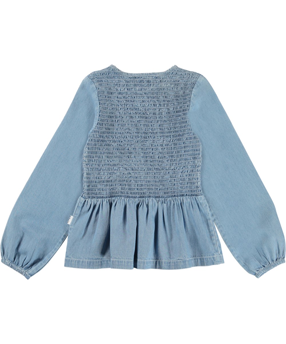 Rivi - Washed Chambrey - Lyseblå denim bluse med smock