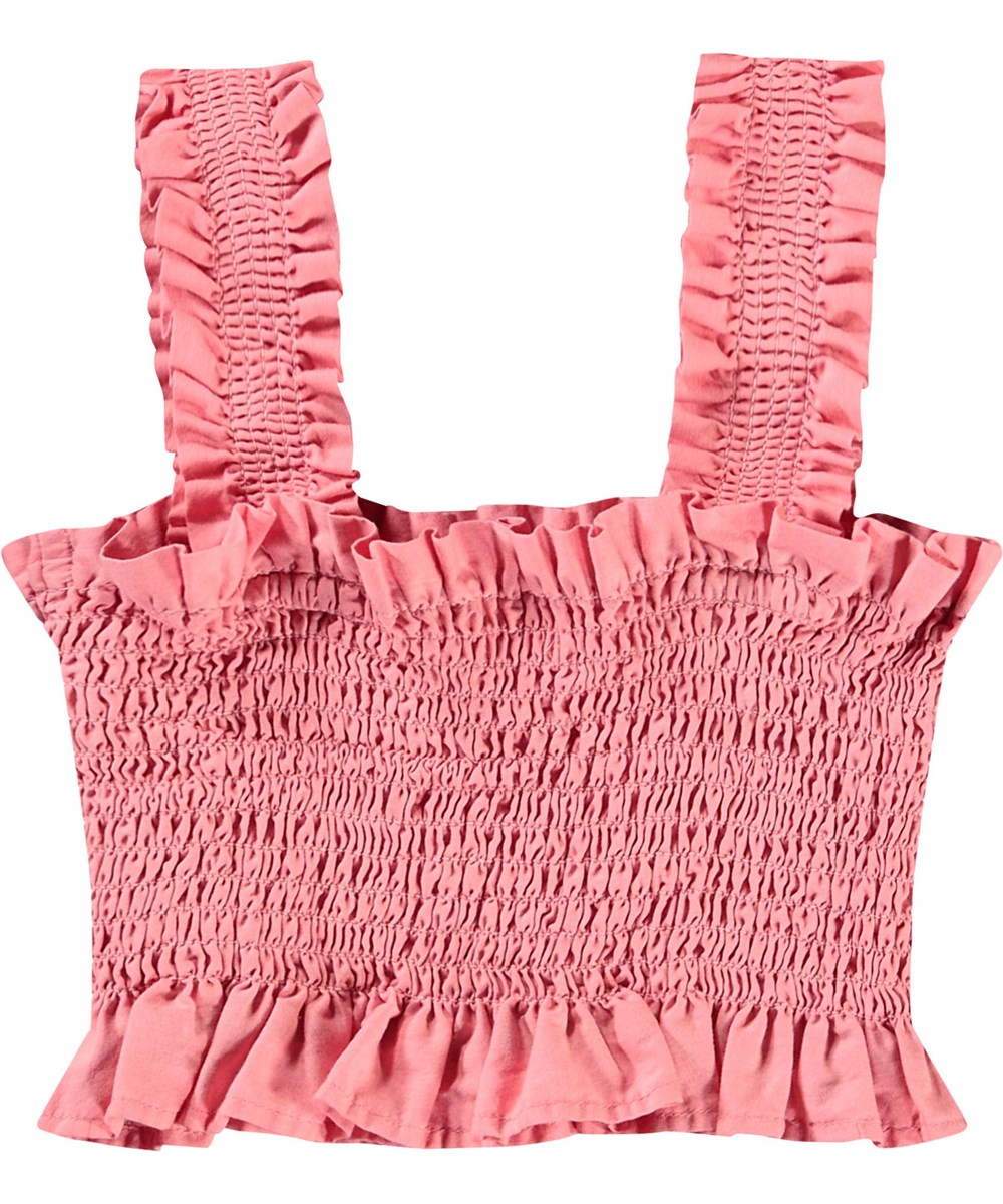 Rolfia - Vintage Rose - Lyserød croptop i økologisk bomuld med smock-effekt, flæsekant og brede stropper.