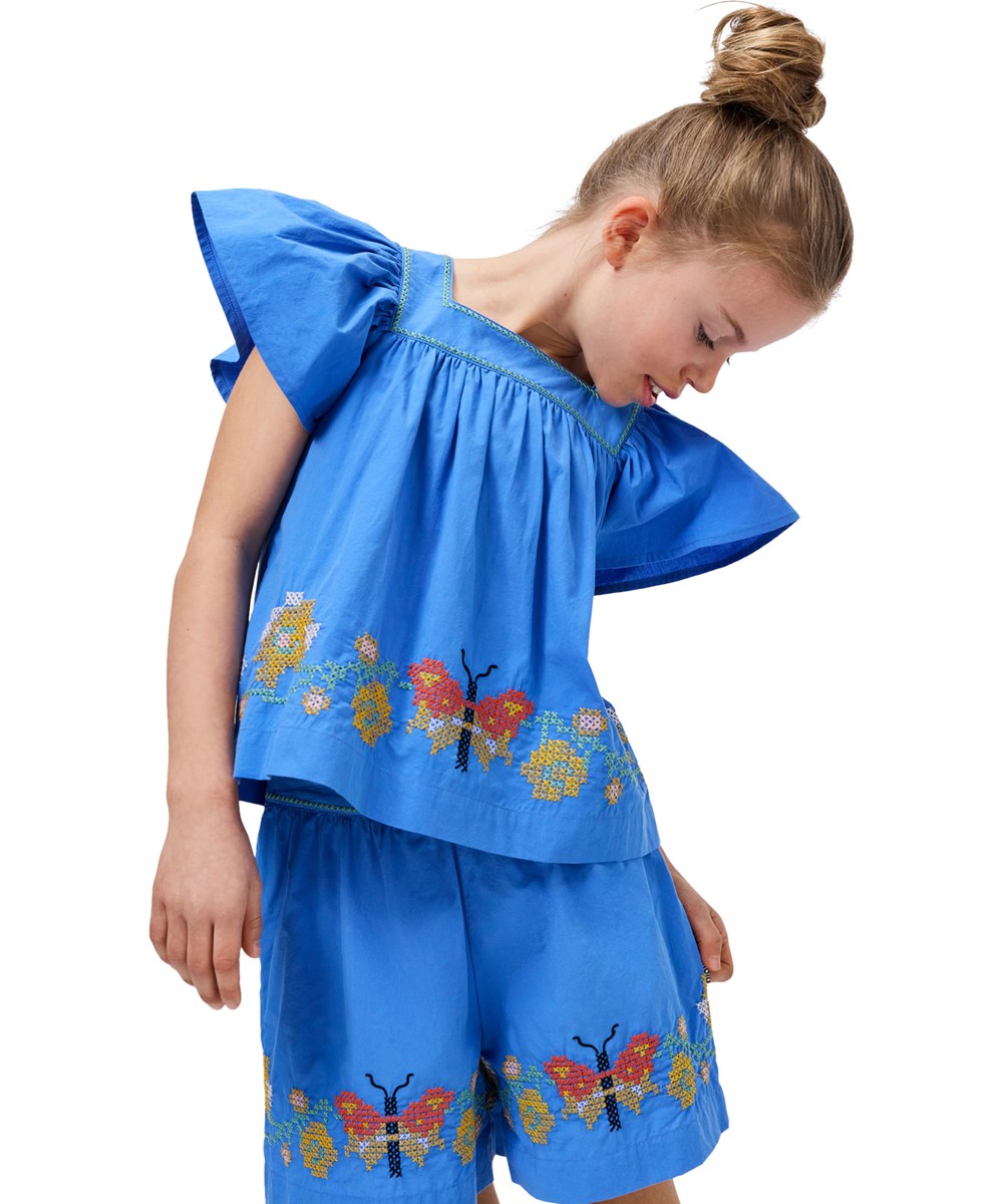 Rosalyn - Blue Flower - Blå bluse i bomuld til børn