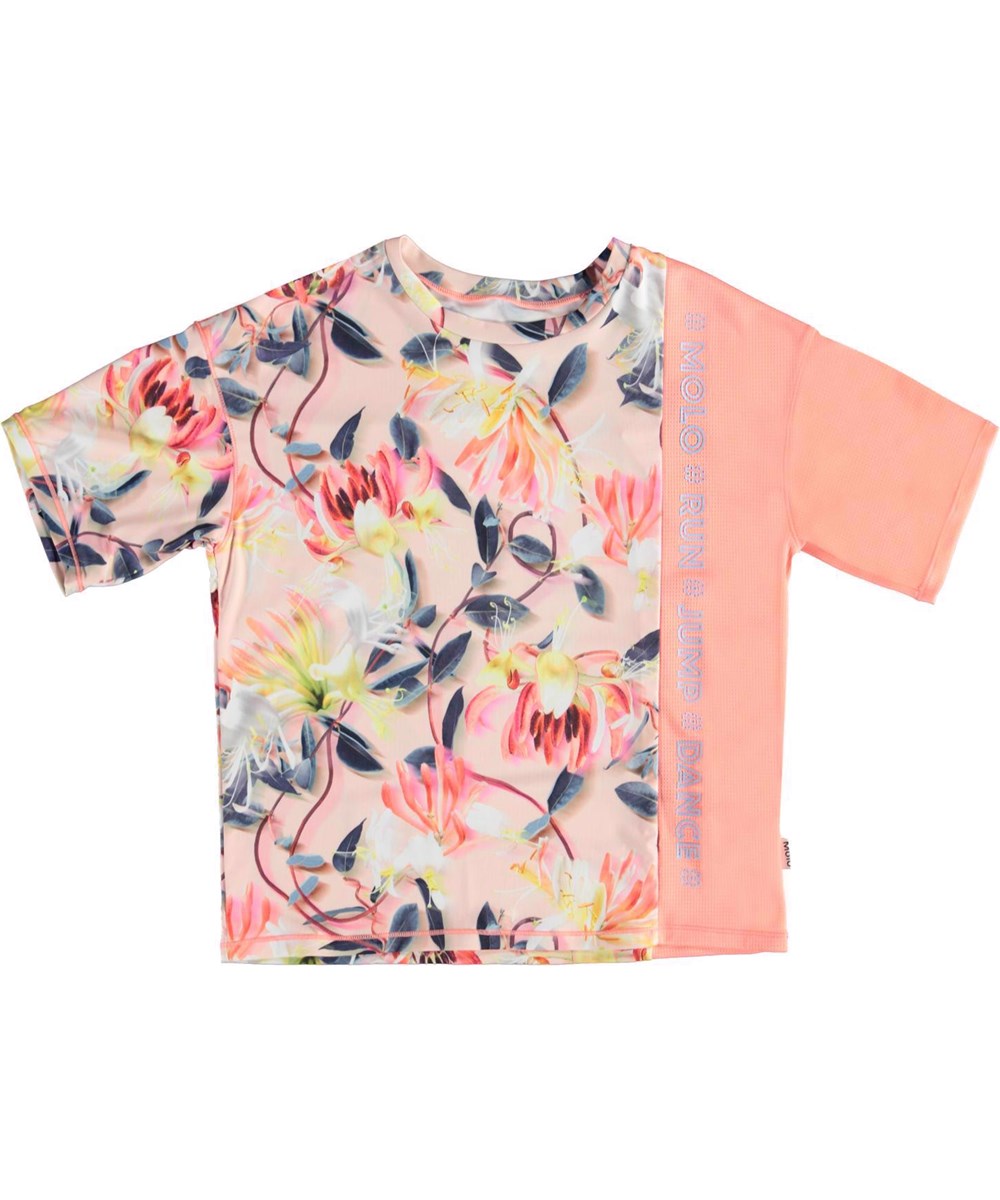 Odessa - Motion Flower - Løs rosa t-shirt med blomsterprint til sport