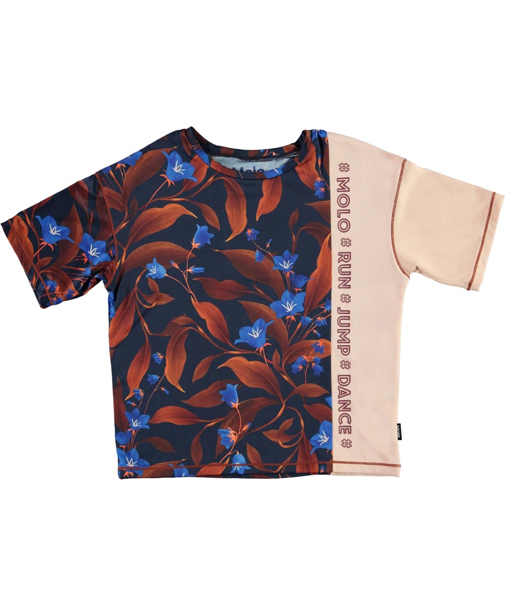 Odessa - Night Bloom_Big - Sports t-shirt med blåt og brunt blomster print