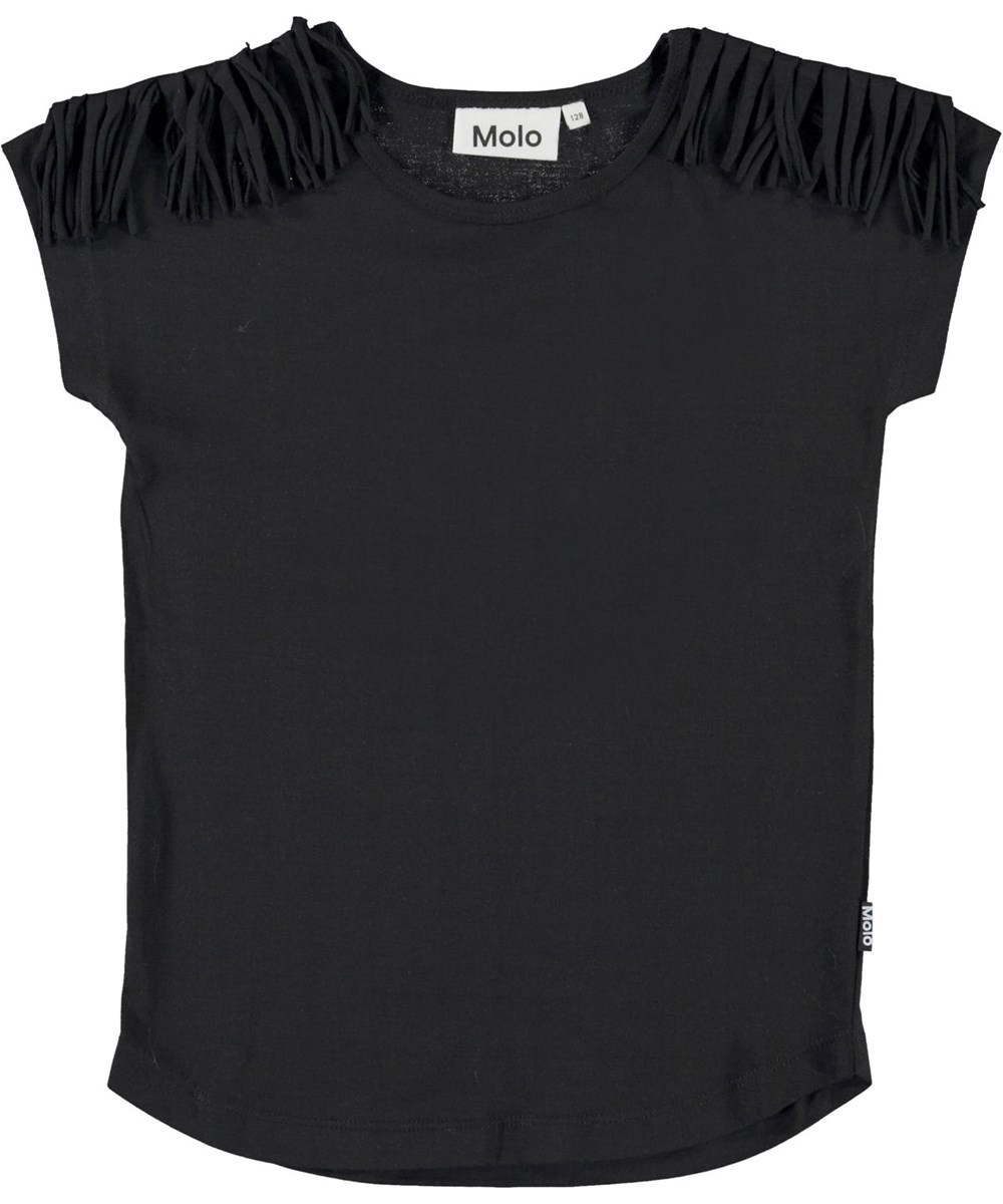 Radmilla - Black - Økologisk sort t-shirt med frynser