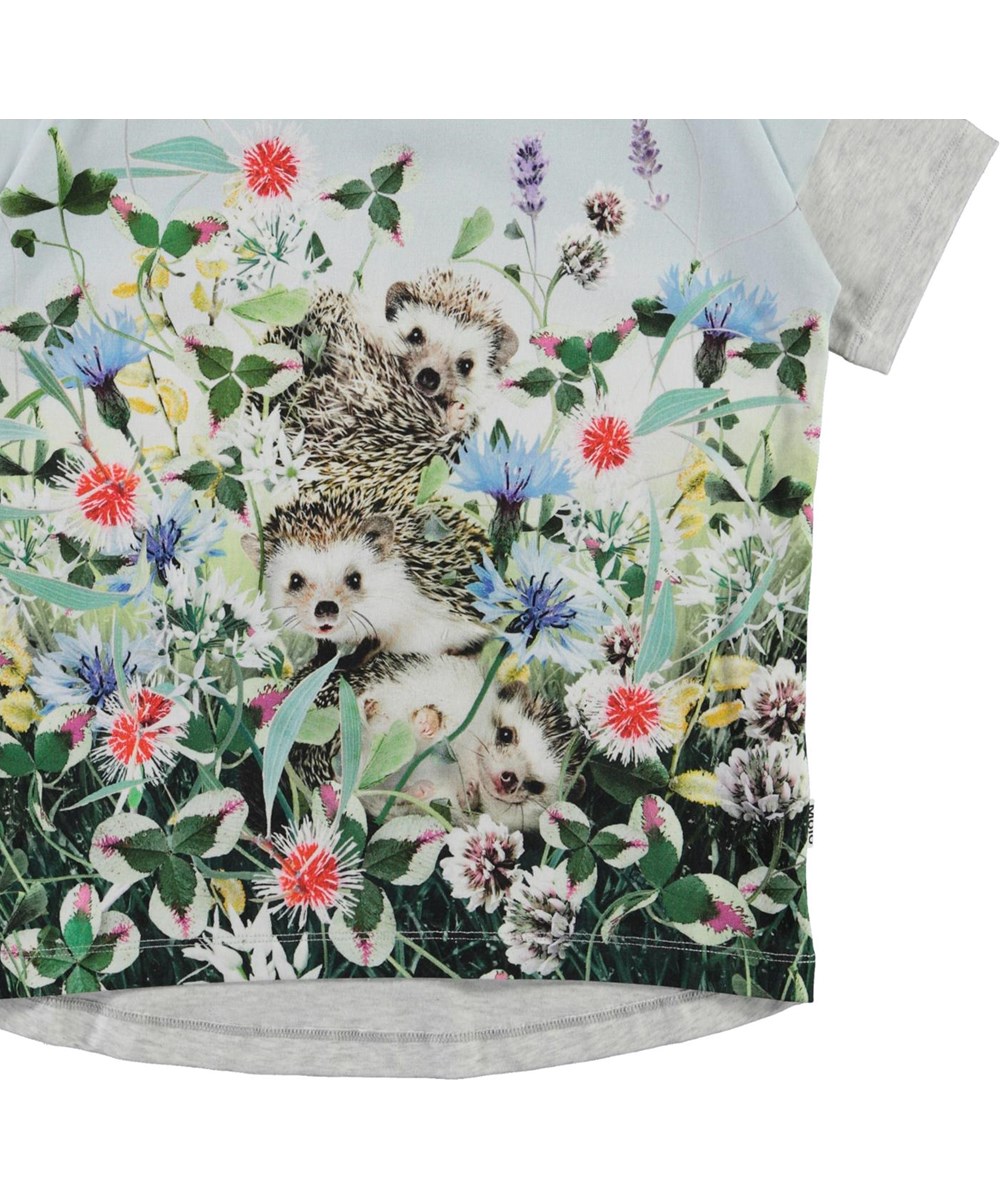 Raeesa - Hedgehogs - Økologisk lyseblå t-shirt med print af pindsvine og blomster
