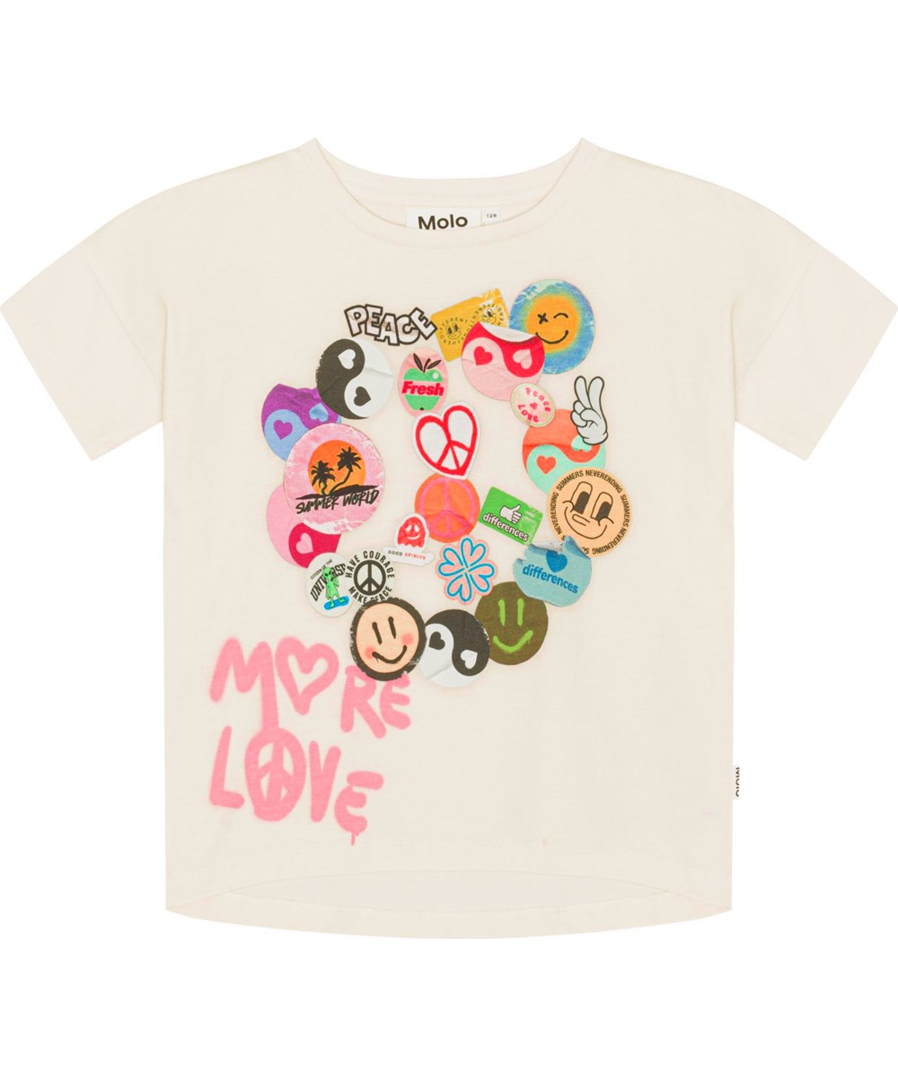 Raeesa - Stick With Love - Hvid t-shirt i økologisk bomuld med et multifarvet frontprint med Yin og Yang klistermærker