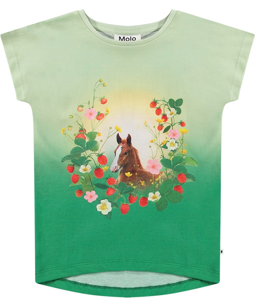 Ragnhilde - Beauty - Strækbar lysegrøn og mørkegrøn t-shirt til børn i økologisk bomuld med korte små ærmer og ribkant i halsen.