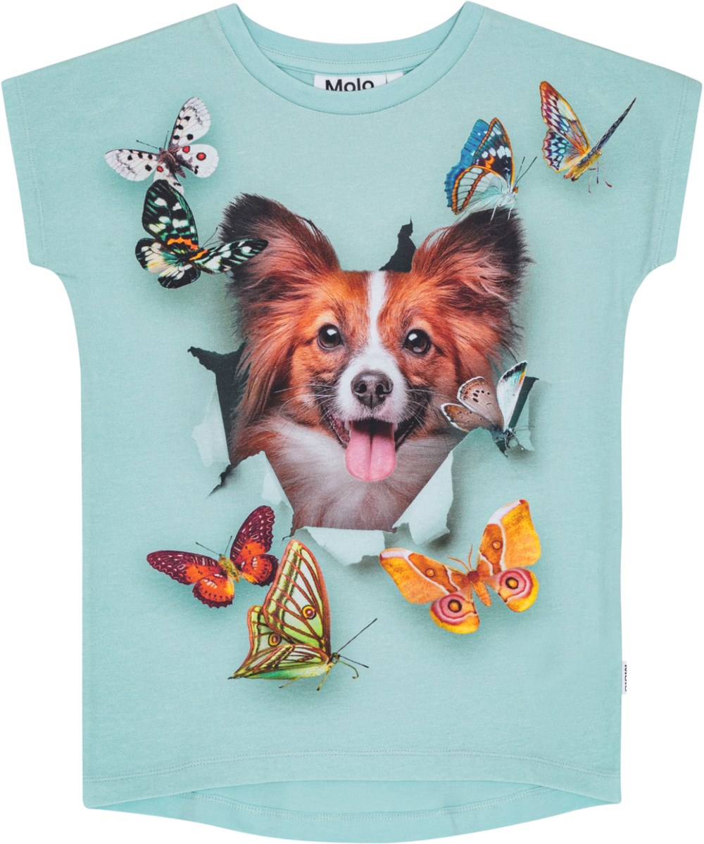 Ragnhilde - Bonjour - Lyseblå t-shirt i økologisk bomuld med et print af en hund og farverige sommerfugle