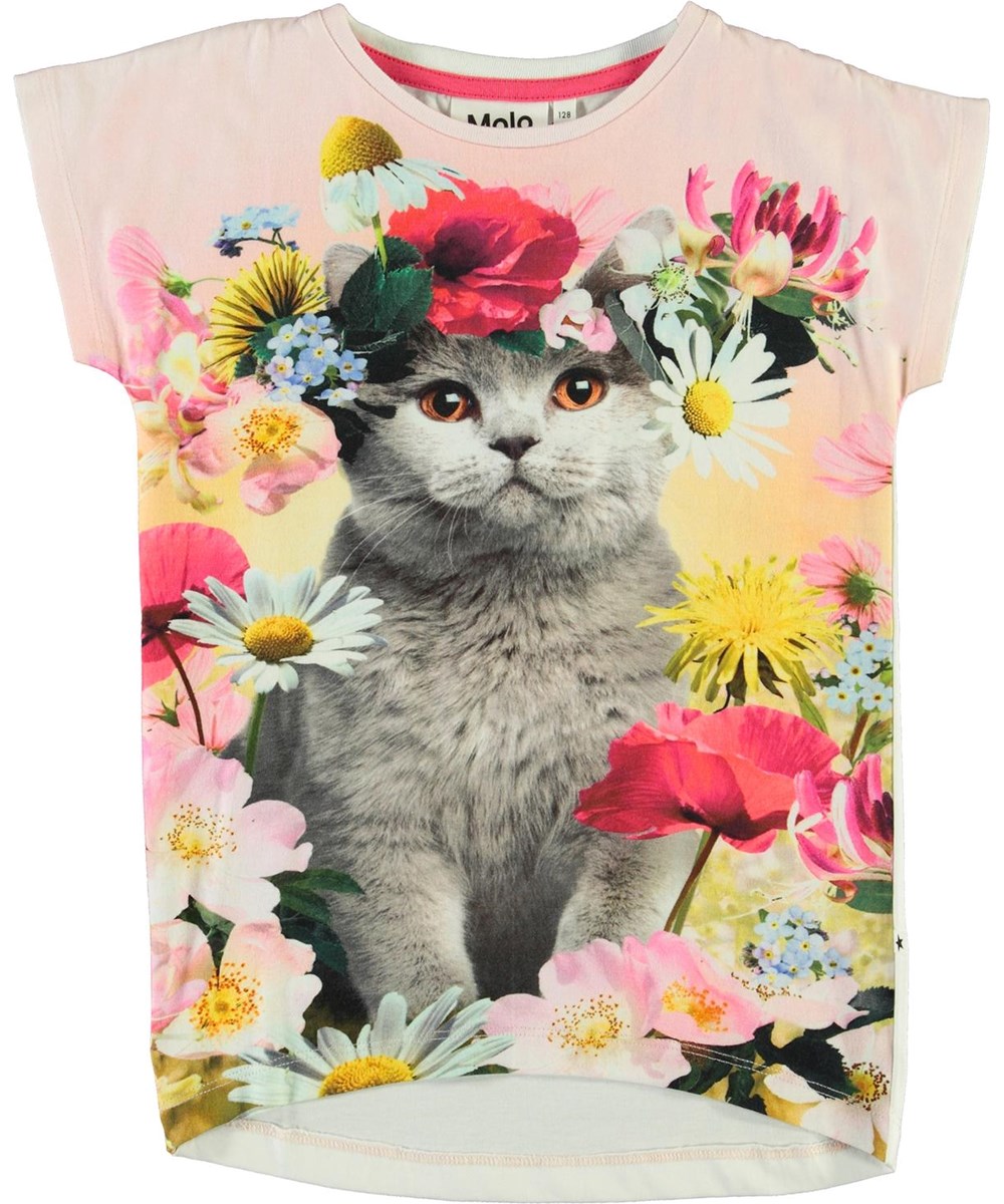 Ragnhilde - Flower Cat - Økologisk t-shirt med kat og blomster