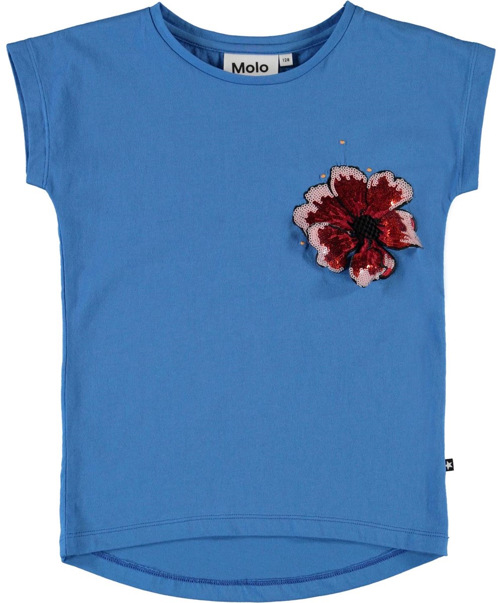 Ragnhilde - French Blue - Blå t-shirt med paliet blomst