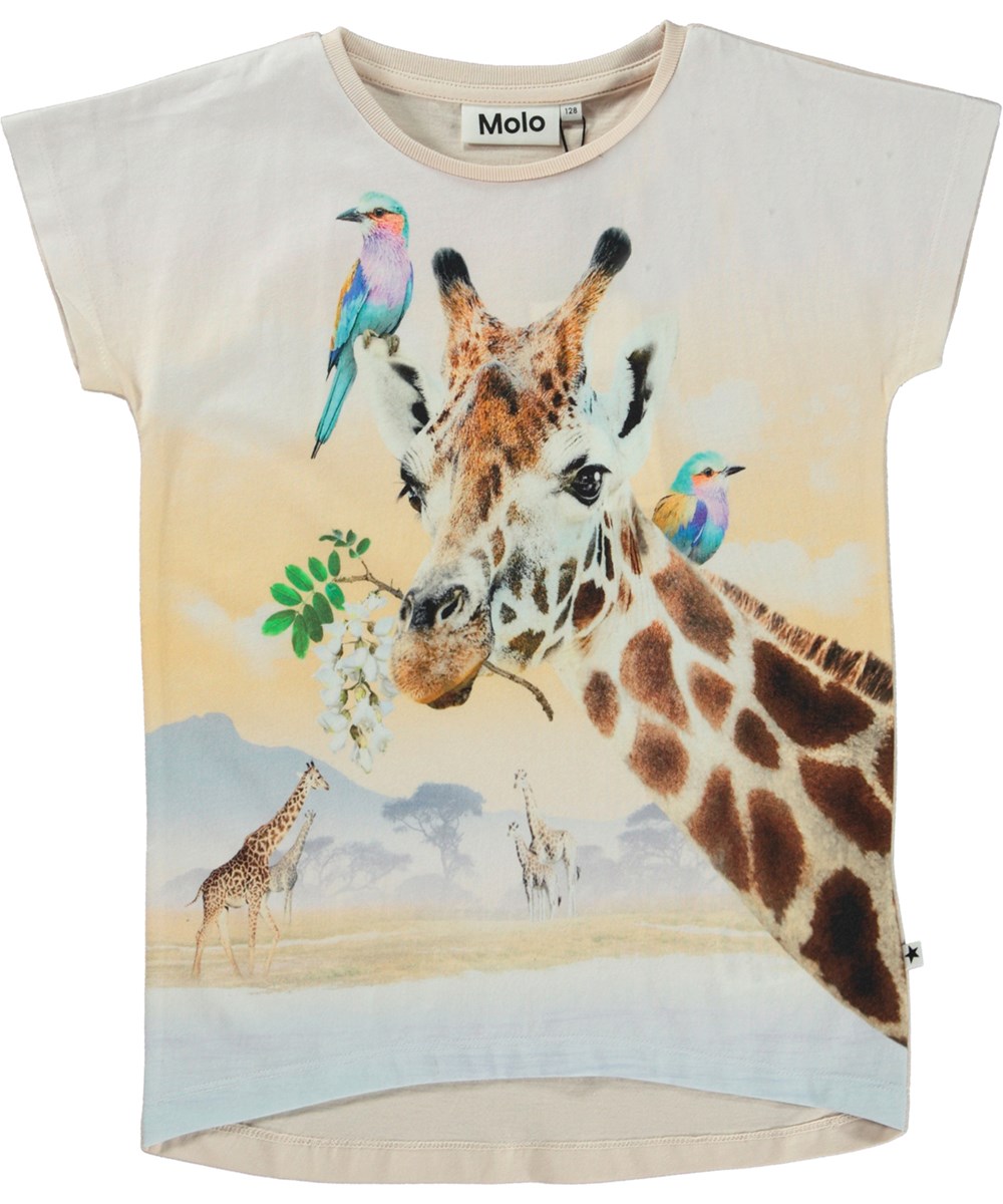 Ragnhilde - Giraffe - Økologisk t-shirt med print af giraf og fugle