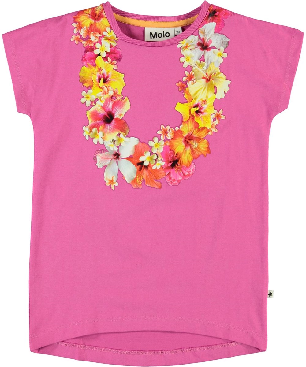 Ragnhilde - Hawaii Flower - Økologisk pink t-shirt med blomsterkrans